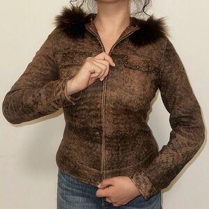 Vintage brown Distressed Leather Jacket Fur Hood Y2K